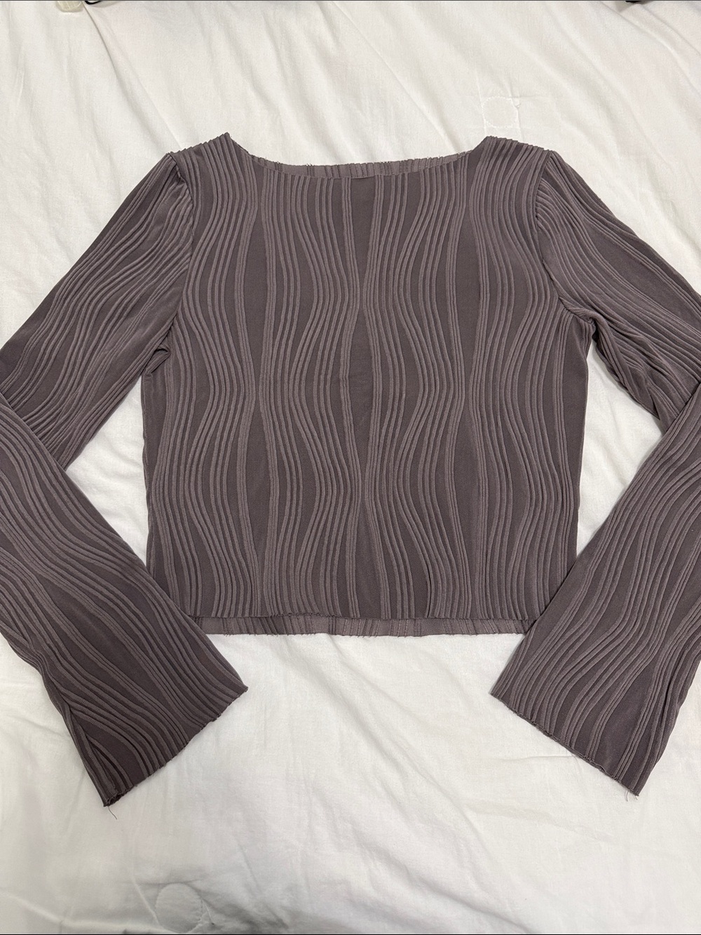 AKIRA Ribbed Wave-Texture Long Sleeve Top in Mauve Taupe